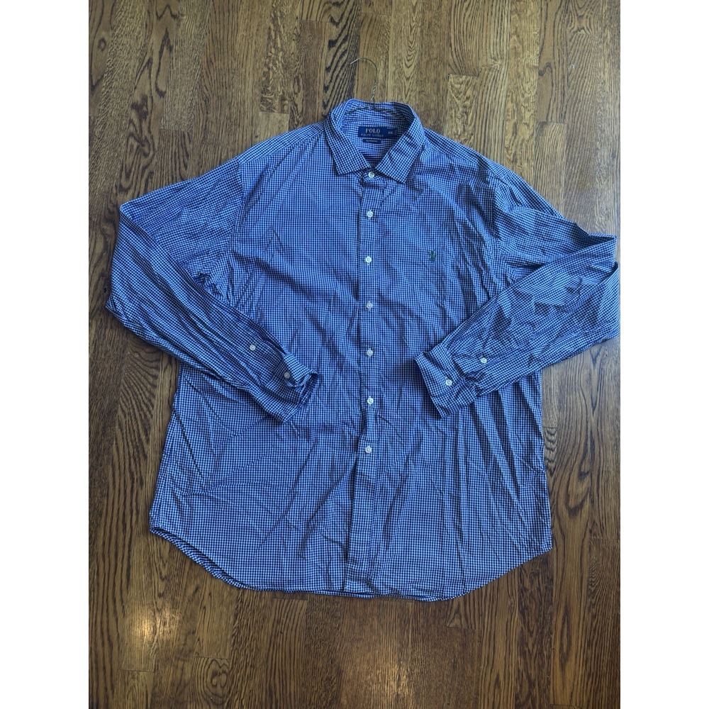 Ralph Lauren Performance Button Up Checkered Plaid Polo Blue White XXL Nylon‎